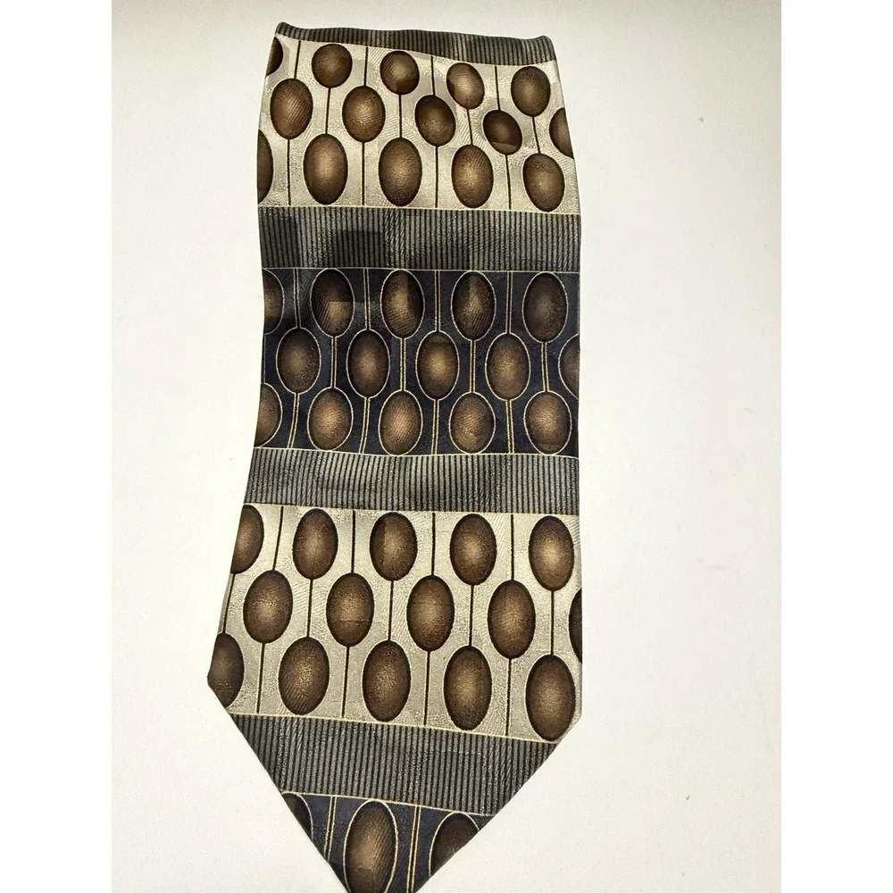 Gasparo Mens Silk Tie Bronze Grey Geometric Oval Abstract Hand Made Necktie